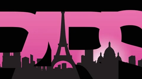 Paris caption and Paris landmarks silhouettes 4K animation. Pink background Stock Footage 65186613