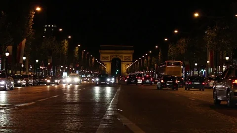 Paris Champs Elysees Arc de Triomphe Traffic at Night Stock Footage 89599563