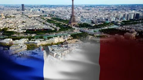 Paris city and Eiffel tower, split with the France flag - 3d graphic Stock Footage 159186227