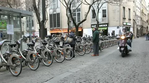 Paris city bike rental Stock Footage