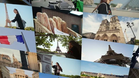 Paris city collage with Eiffel Tower Arc de Triomphe and urban streets Stock Footage 317263230