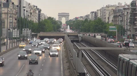 Paris city commute, commuting scene subway train on rail moving, cars drive slow Stock Footage 51690071