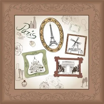 Paris city landmark Eiffel Tower. Travel France sign. Famous place set. Stock Illustration