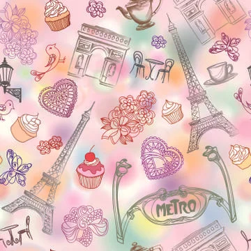 Paris city landmark seamless pattern. Travel France background. Illustrazione stock