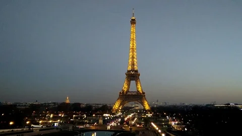 Paris city lights Tour Eiffel Tower close up shot at dusk Stock Footage 71533095