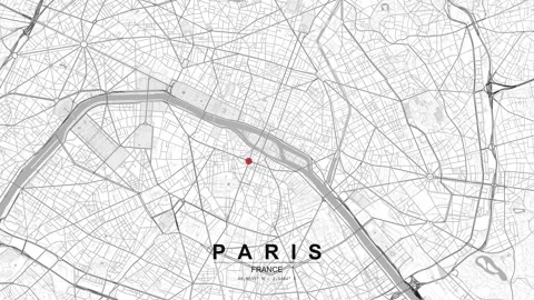 Paris city map with red location pin near Seine River Stock Footage 333206047