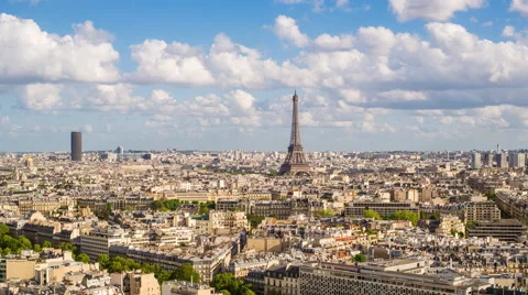 Paris City Skyline &amp; Eiffel Tower, France, Europe - Time lapse Stock Footage 54130054