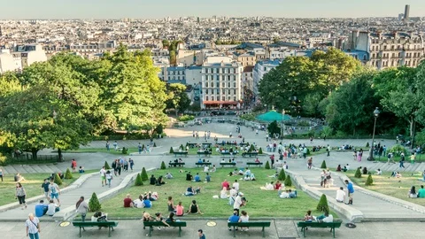 Paris city skyline. Panoramic view from Montmartre hill. Zoom out easy. Stock Footage 87581820