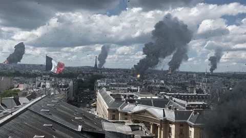 Paris city under attack with smoke and debris in the air Stock Footage 219352008