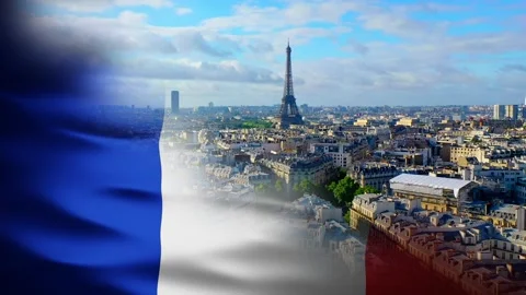 Paris cityscape and Eiffel tower, split with a France flag - 3d render Stock Footage 159185909