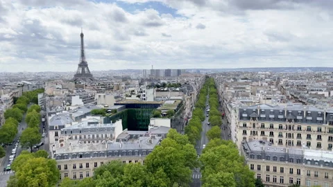 Paris Cityscape and Eiffel Tower View from Arc de Triomphe Rooftop Stock Footage 224071209