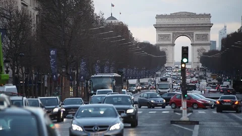 Paris cityscape, Arc de Triomphe on Champs Elysees, cars on the road Stock Footage 98093248