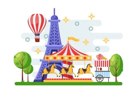 Paris cityscape with Eiffel tower, amusement park carousel and street food tr Illustrazione stock