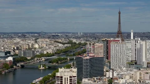 Paris cityscape with Eiffel Tower and Seine River Stock Footage 344839708