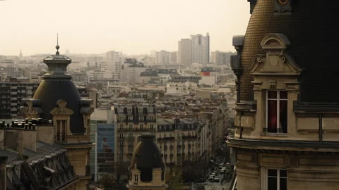 Paris Cityscape, Rooftop Panoramic View of Urban City Architecture and Stock Footage 242010610