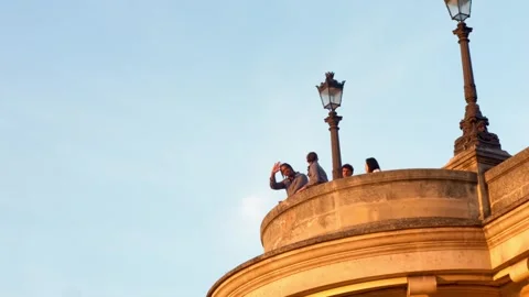 Paris Classical Domed Building Rooftop Tourists Lamp Posts Blue Sky Stock Footage 333877835