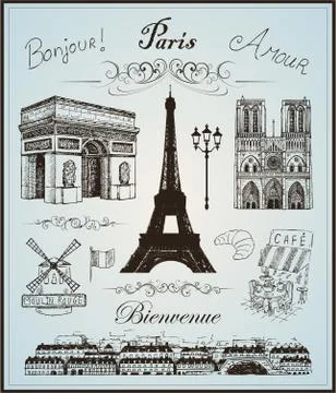 Paris collection elements vector hand drawn Stock Illustration