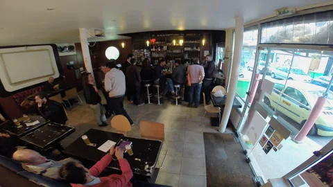 Paris Craft Beer Bar High Angle Shot of Patrons at Tables and Counter Stock Footage 346375158