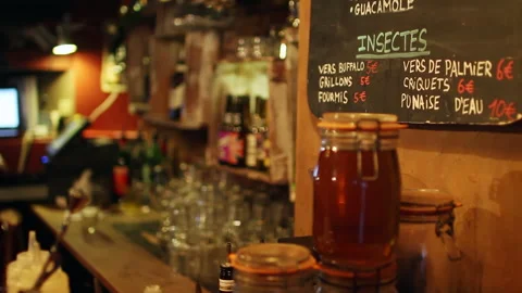 Paris Craft Beer Bar Insect Menu Blackboard with Mason Jars Close Up Stock Footage 346280002