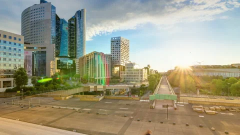 Paris Defense business district skyline and its office buildings at sunset Stock Footage 236586953