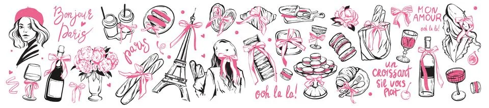 Paris doodle set, vector hand drawn French food kit, coquettish girly Stock Illustration
