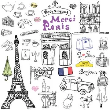 Paris doodles elements. Hand drawn set with eiffel tower bred cafe, taxi triu Stock Illustration