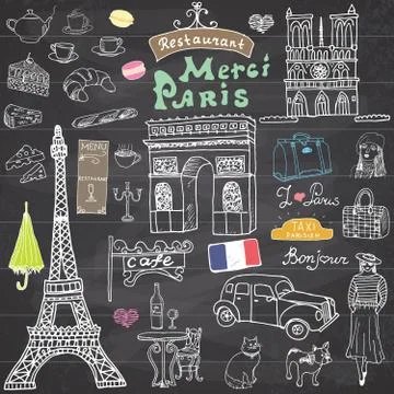 Paris doodles elements. Hand drawn set with eiffel tower bred cafe, taxi triu Stock Illustration