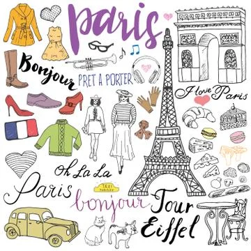 Paris doodles elements. Hand drawn set with eiffel tower bred cafe, taxi triu Stock Illustration
