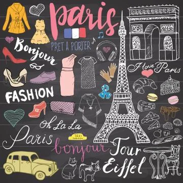 Paris doodles elements. Hand drawn set with eiffel tower bred cafe, taxi triu Stock Illustration