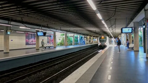 Paris Double Deck RER Metro Train Arriving at Station Stock Footage 227923552