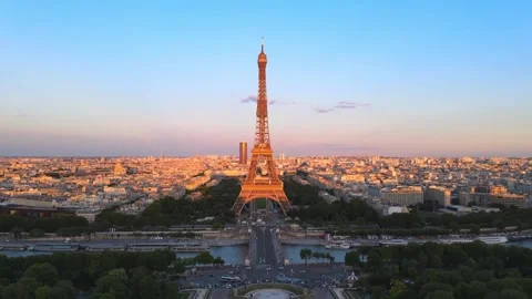Paris by drone Eiffel tower in the evening sky Stock Footage 243465195