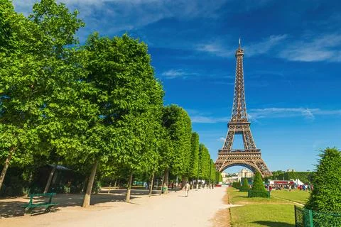 Paris Eiffel Tower and Champ de Mars in Paris, France Stock Photos