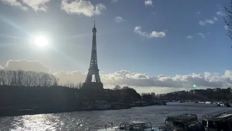 Paris Eiffel Tower and Seine river on Beautiful winter sun Stock Footage 214248386