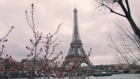 Paris Eiffel Tower and Seine River on Cloudy Day, Panoramic View Through Stock Footage 241288302