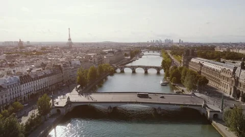Paris Eiffel tower and Seine river aerial view, France, sunset panorama of Paris Stock Footage 256293245