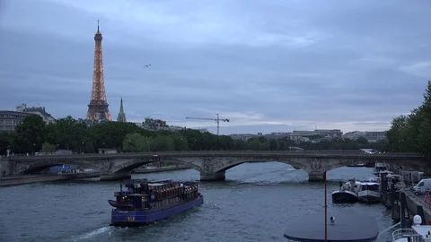 Paris Eiffel Tower, Boats on Seine River, Tourists Ships Traveling on Senna 4K Stock Footage 84512704