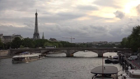 Paris Eiffel Tower, Boats on Seine River, Tourists Ships Traveling on Senna 4K Stock Footage 84512940