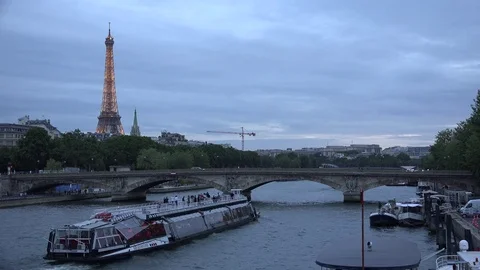 Paris Eiffel Tower, Boats on Seine River, Tourists Ships Traveling on Senna 4K Stock Footage 84896341