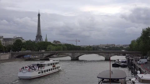 Paris Eiffel Tower, Boats on Seine River, Tourists Ships Traveling on Senna 4K Stock Footage 84896789