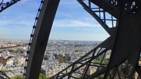 Paris Eiffel Tower from the bottom. Lift down. Paris tours Video stock 82938260