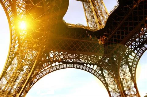 Paris, Eiffel Tower with Bright Sun. Wide Angle View from Below Stock Photos