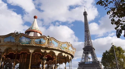 Paris Eiffel tower carousel blue sky and clouds Stock Footage 54935548