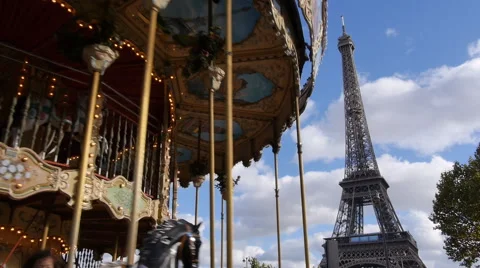 Paris Eiffel tower carousel side by side low angle Stockbeeldmateriaal 54935020