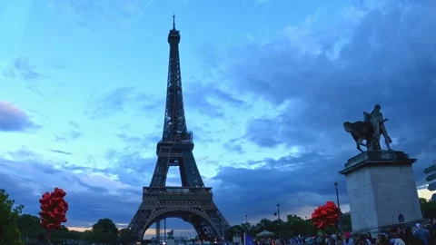 Paris Eiffel Tower at dusk - unlit Stock Footage 227933788