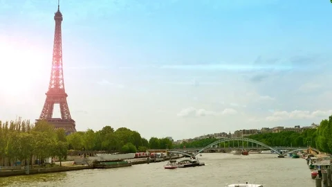 Paris Eiffel Tower France Setting Sun Lens Flare on Sumer Day, Beautiful Europe Stock Footage 84720735