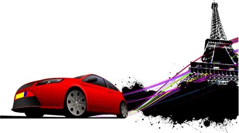 Paris on the Eiffel tower grunge background with red car coupe image. Vector  Illustrazione stock