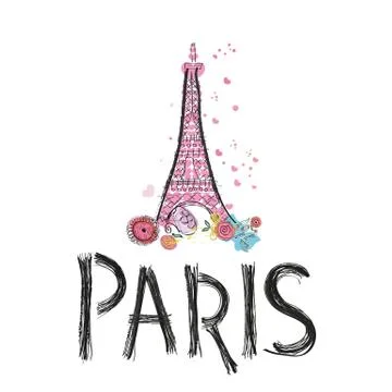Paris, Eiffel tower. Hand drawn letter and Eiffel tower with colorful flower Illustrazione stock