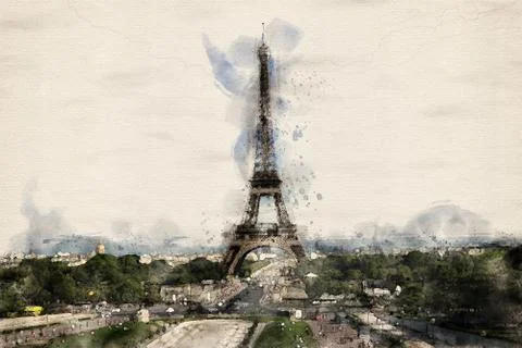 Paris Eiffel Tower landscape expressed in watercolors. Stock Illustration