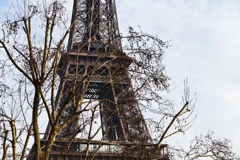 Paris Eiffel tower in march day tree branch and Paris Eiffel tower in marc... Stock Photos