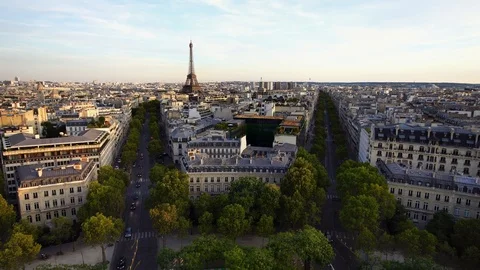 Paris Eiffel tower seen from above, panoramic view. top of Arc de Triomphe.  Stock Footage 125495369